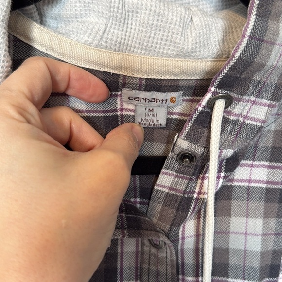 Carhartt Plaid Snap Button Up Hooded Sweatshirt Womens Med Grey Pink Long Sleeve - Picture 4 of 10